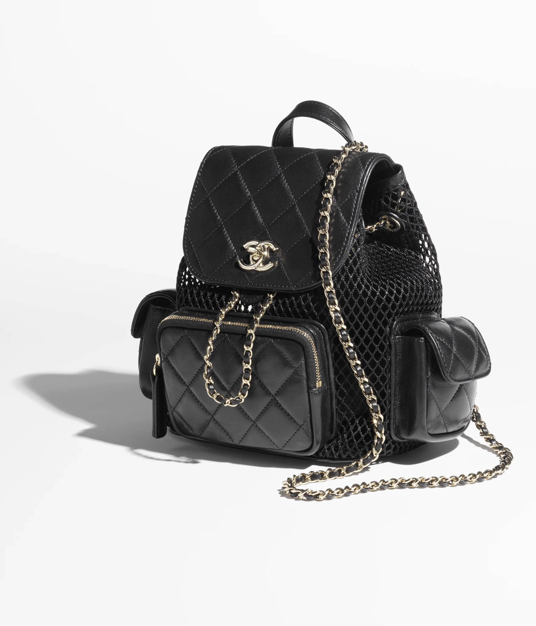 Backpack, Mesh, shiny lambskin & gold-tone metal, black — Fashion | CHANEL | Chanel, Inc. (US)