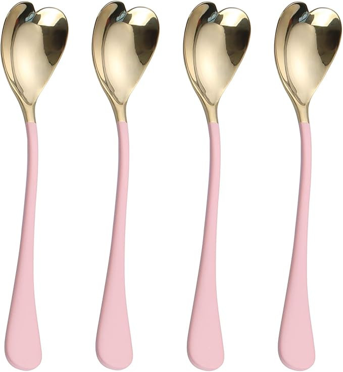 4 Pieces Dessert Spoons, Pink Heart Shaped Spoons, 6.7 inches,18/10 Stainless Steel Spoon Set, Ic... | Amazon (US)