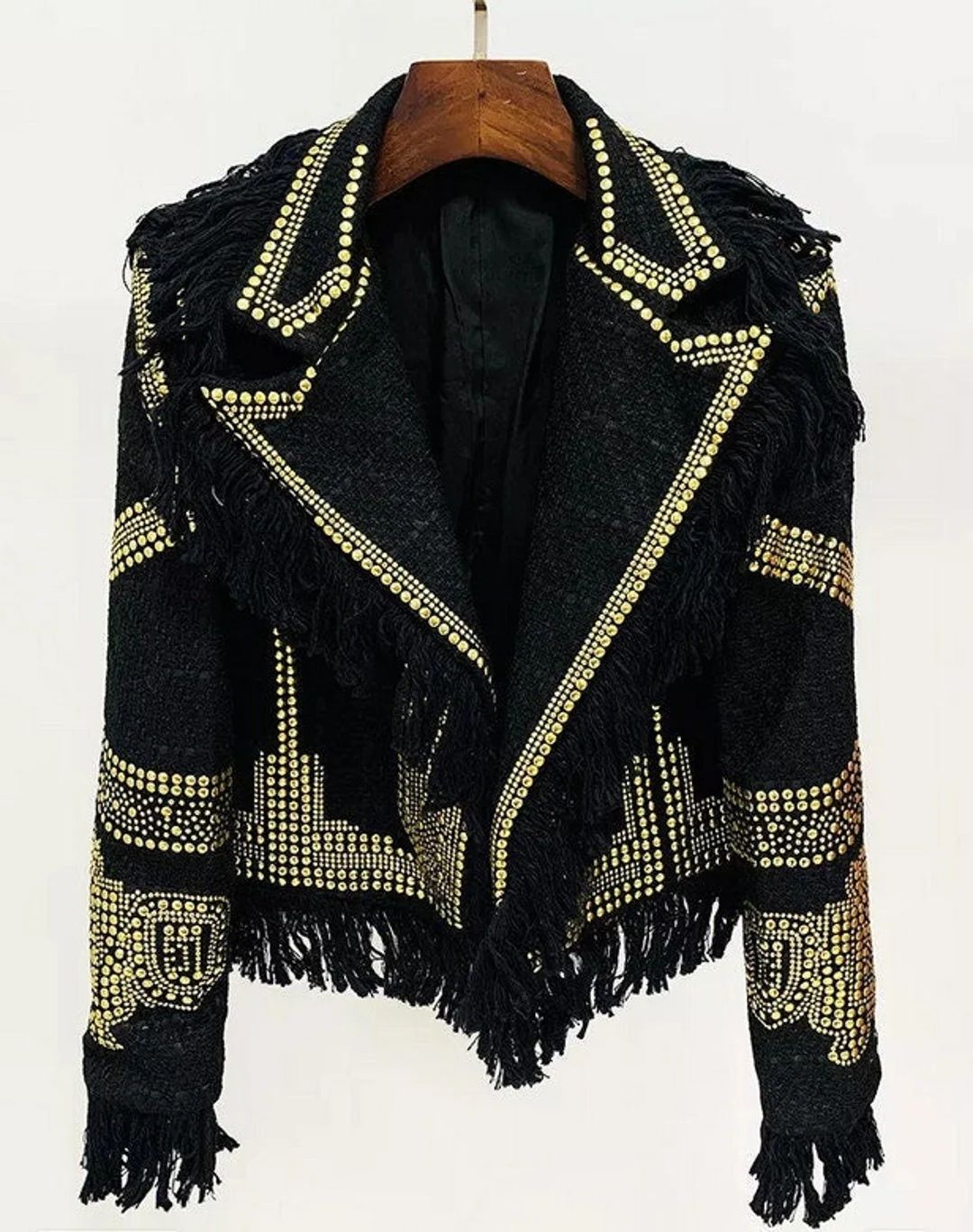 Newest 2022 Fashion Notched Collar Long Sleeve Jacket Women's Metal Rivet Tweed Tassel Fringed Bl... | Etsy (US)