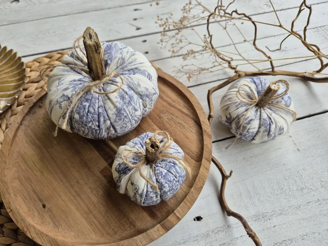 Toile Fabric Pumpkins,fall Pumpkin Decor, Tray Fillers,blue Toile Pumpkins, Toile Autumn Dekor - ... | Etsy (US)