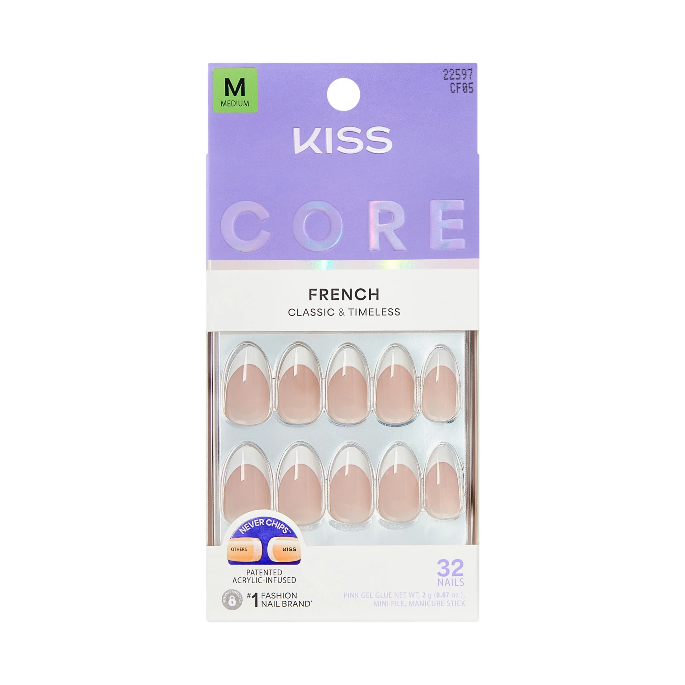 Kiss Core French Tip Press On Nails Almond, ‘Curiosity’, White, Medium Length, 32 Count | Walmart (US)