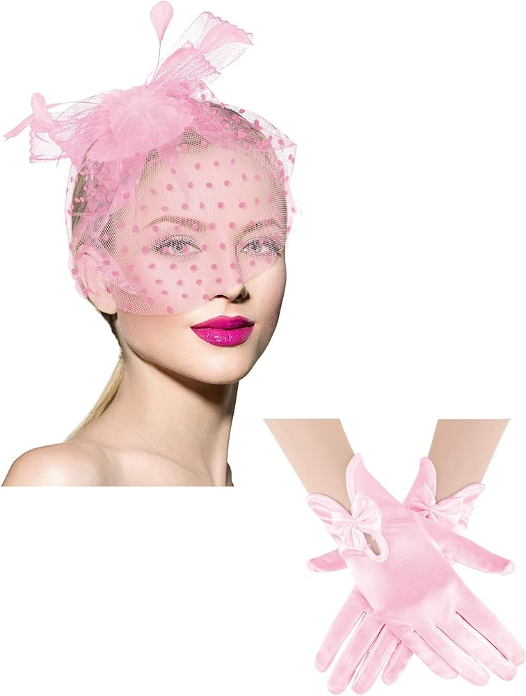 50s Fascinator Hat for Women Funeral Veil Hat Pillbox Cocktail Tea Party Headpiece and Lace Glove | Amazon (US)