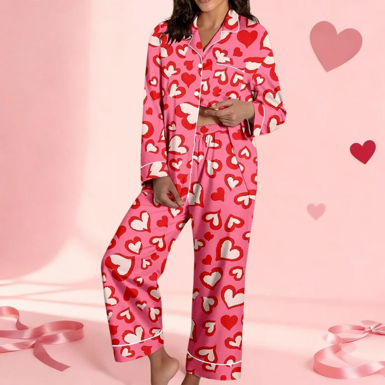 Women's Dressy Casual Long Sleeve Button Down Sleepwear Set Lightweight Graphic Cotton Cute Heart... | Walmart (US)