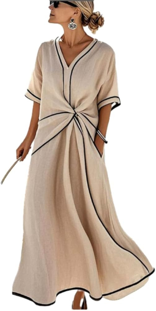 OSCORP Womens Linen Maxi Dress – V Neck Short Sleeve Twist Front Contrast Trim Casual Summer Be... | Amazon (US)