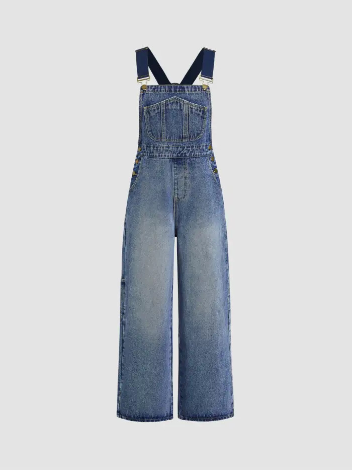 Denim Denim Buckle Up Pocket Wide Leg Jumpsuit For School | Cider