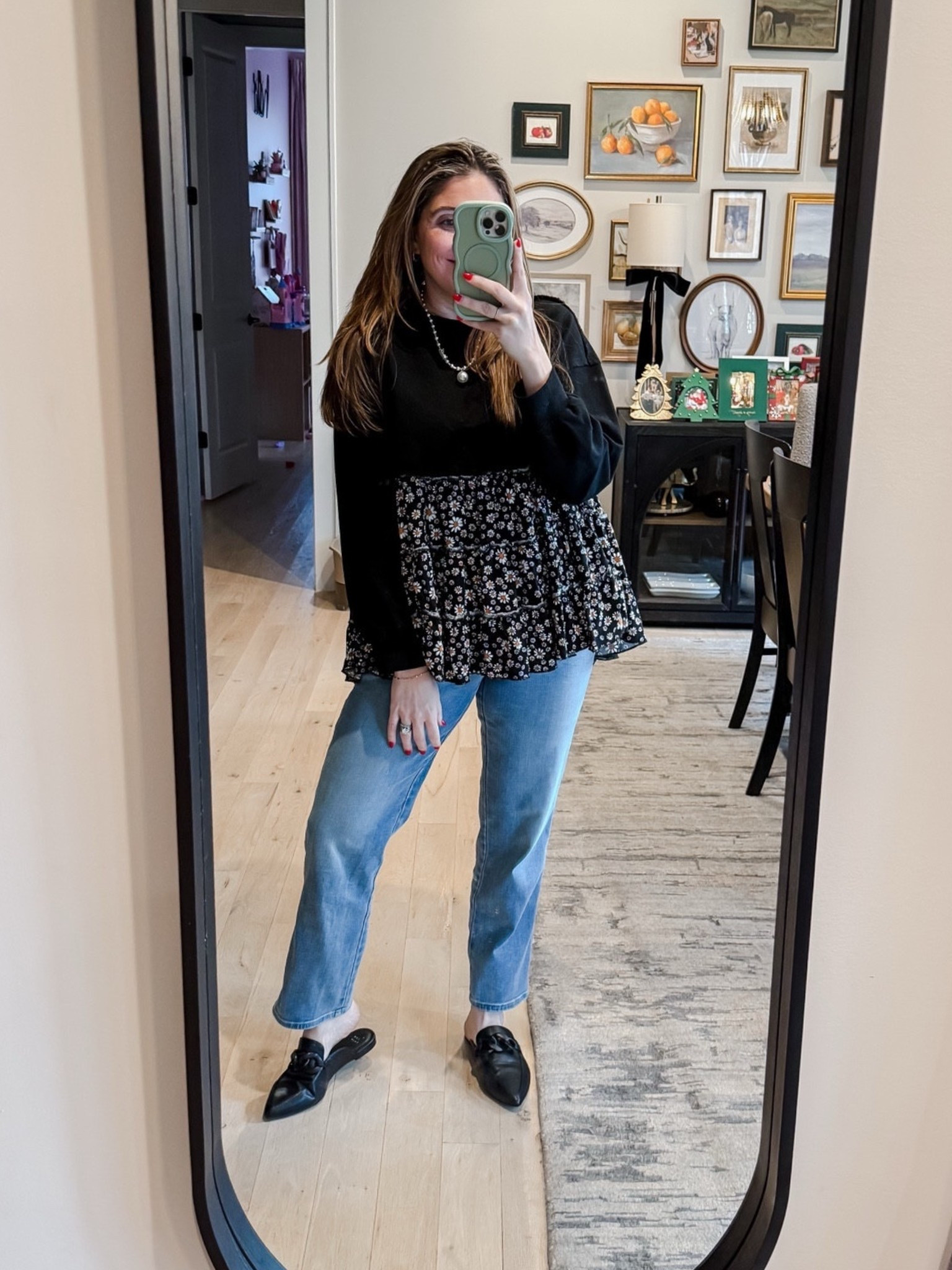 What I wore to my nieces first birthday which was a birthday brunch! Love the winter floral details on the tiered top! Top is Three Bird Nest from last year but I’ll see if it’s still available 
Top L / Jeans 12 / Mules tts 

#LTKmomlife #LTKMidsize #LTKootd