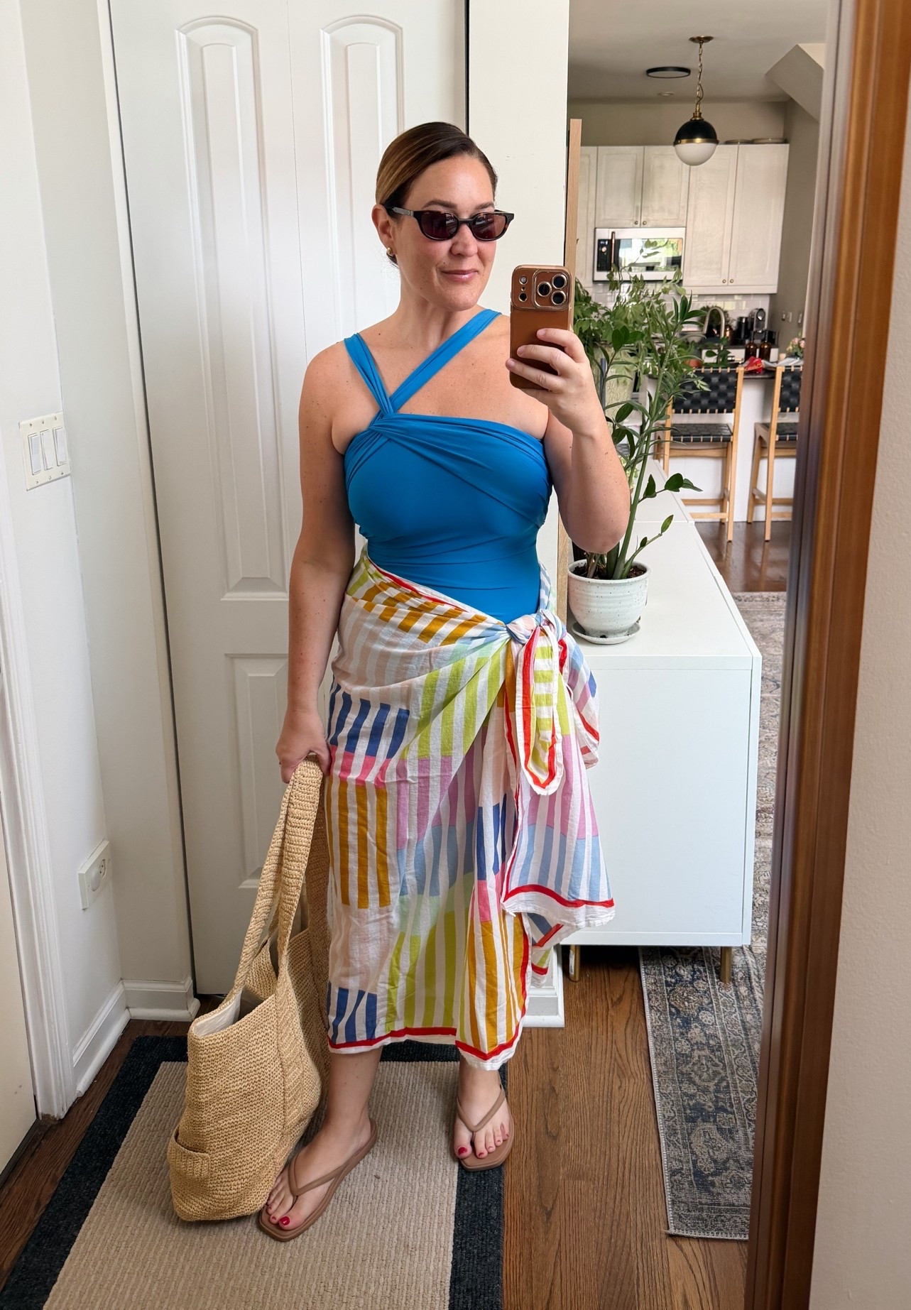 Lil’ post work pool dip? Bringing all the color

Saraong- XXL (would do the XS-XL)
Blue one piece swimsuit- 12
Tan flip flops
Raffia hat bag

#LTKMidsize #LTKSwim #LTKTravel