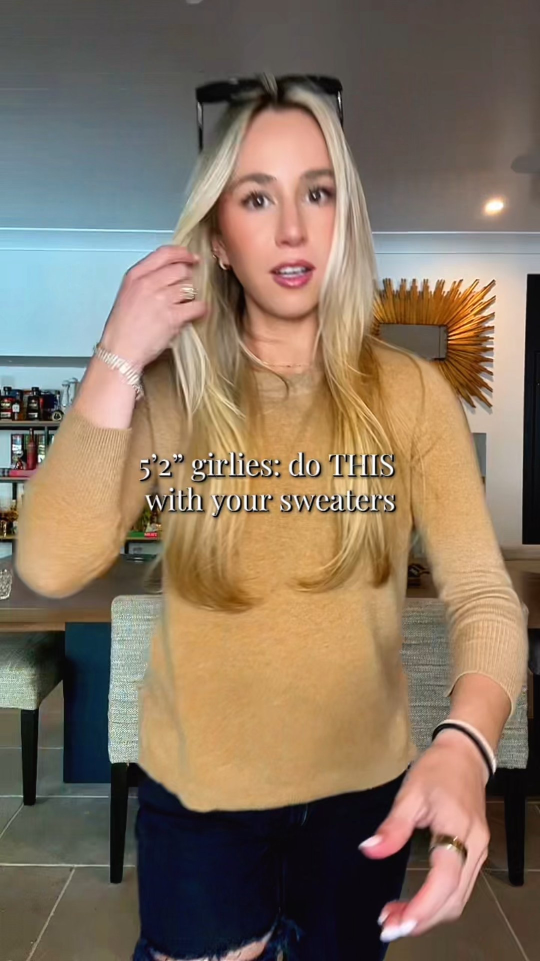 Struggling to style sweaters when you’re 5’2”? ✨ My quick hack: tuck, adjust, and you’re good to go! Sweater looks tailored instantly. ☺️
•
•
•
J.Crew tan cashmere sweater, Abercrombie black jeans, thigh slit jeans, Esse snake print sneakers, Amazon black & gold belt, TikTok shop earrings, TikTok sunnies, petite style hacks, sweater styling tips, cozy chic outfit, casual everyday outfit, fall outfit inspo, small frame fashion, LTK style, fashion hacks, effortless style

#LTKPetite #LTKFindsUnder100 #LTKootd