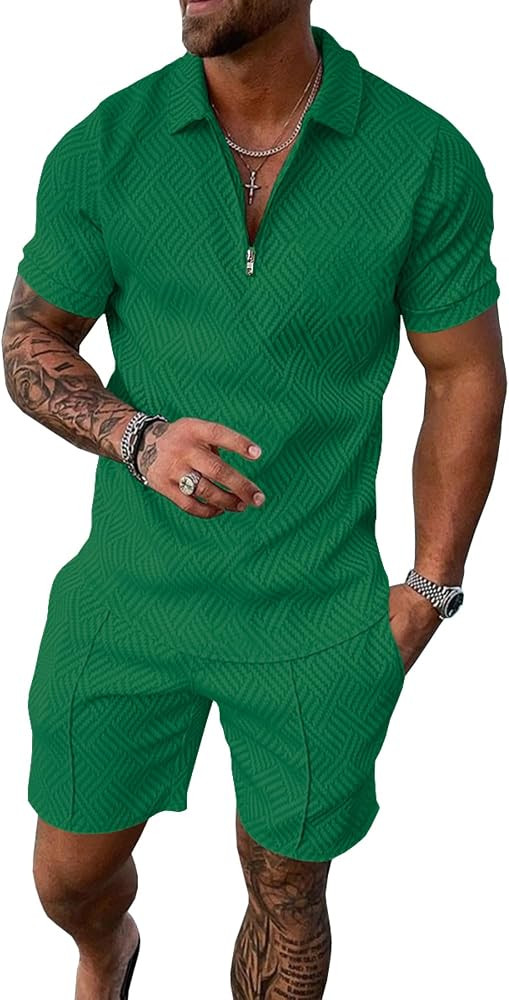 Mens Summer Track Suits 2 Piece Shorts Sets Short Sleeve Sweatsuit Outfits 1/4 Zip Golf Polo Shir... | Amazon (US)