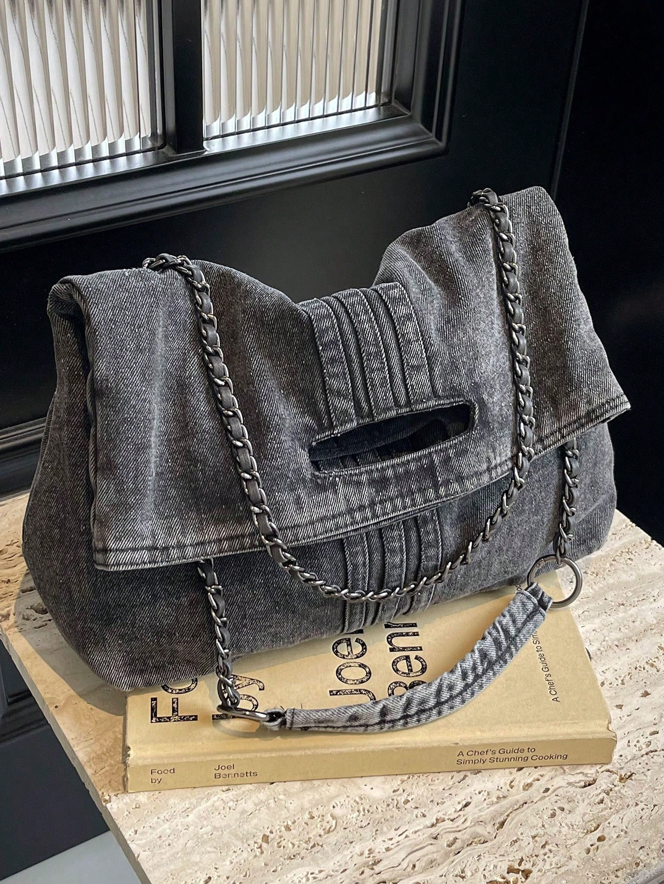 Fashionable And Elegant Solid Color Canvas Shoulder Bag With Metal Chain Handle For Women | SHEIN