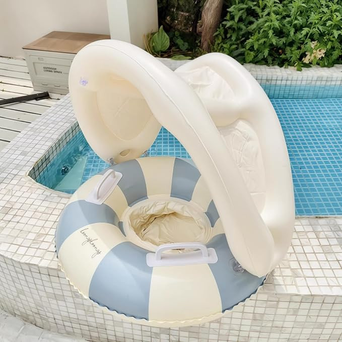 Baby Swimming Ring Inflatables with Detachable Canopy Sun Protection, Stripy Cartoon Float Seat w... | Amazon (US)