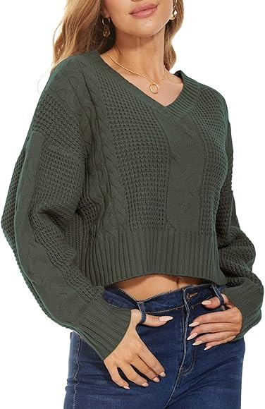 Jumppmile Womens V Neck Waffle Knit Cropped Top Long Sleeve Pullover Crop Sweater | Amazon (US)
