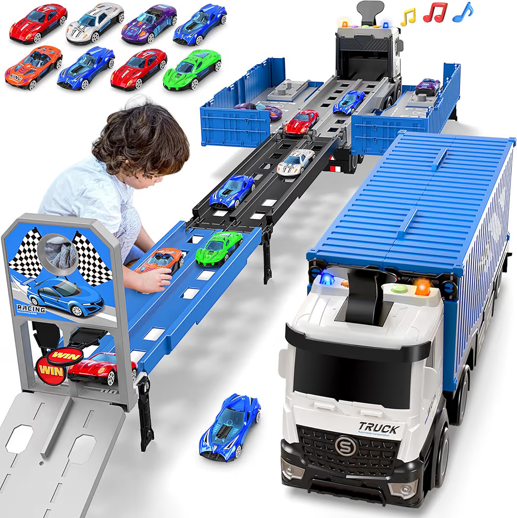 Carrier Truck Race Track Toddlers Toys, Foldable 3 Layer Track Playset, Toy Truck Transport Car C... | Amazon (US)