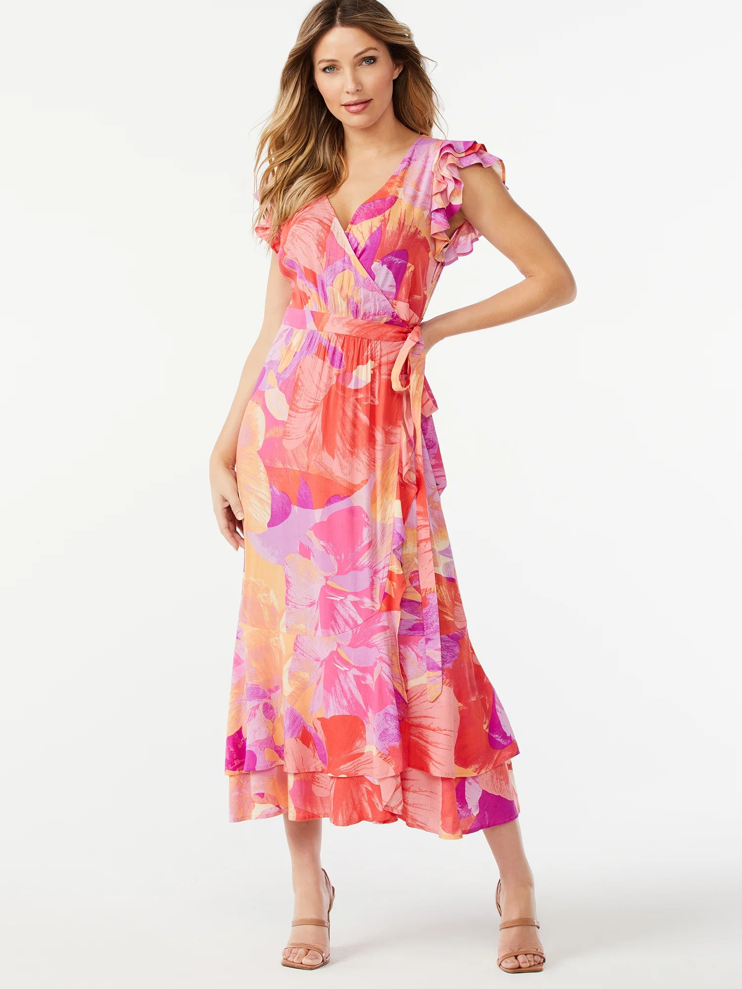 Sofia Jeans by Sofia Vergara Women's Wrap Maxi Dress with Layered Short Sleeves | Walmart (US)