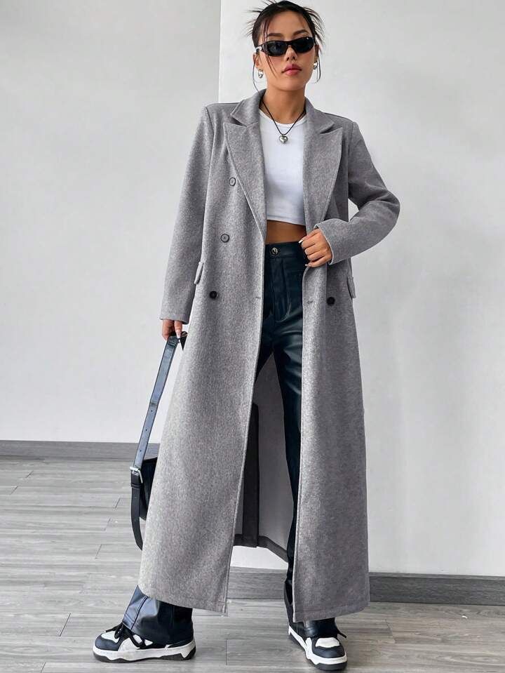 Women's Double Breasted Long Sleeve Woolen Coat | SHEIN