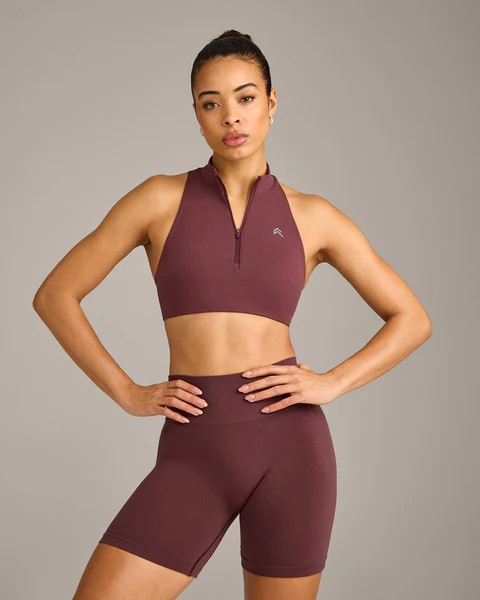 EasyLift™ Zip High Neck Sports Bra with Gray Logo 
 Velvet Mocha | Oner Active (UK / US)