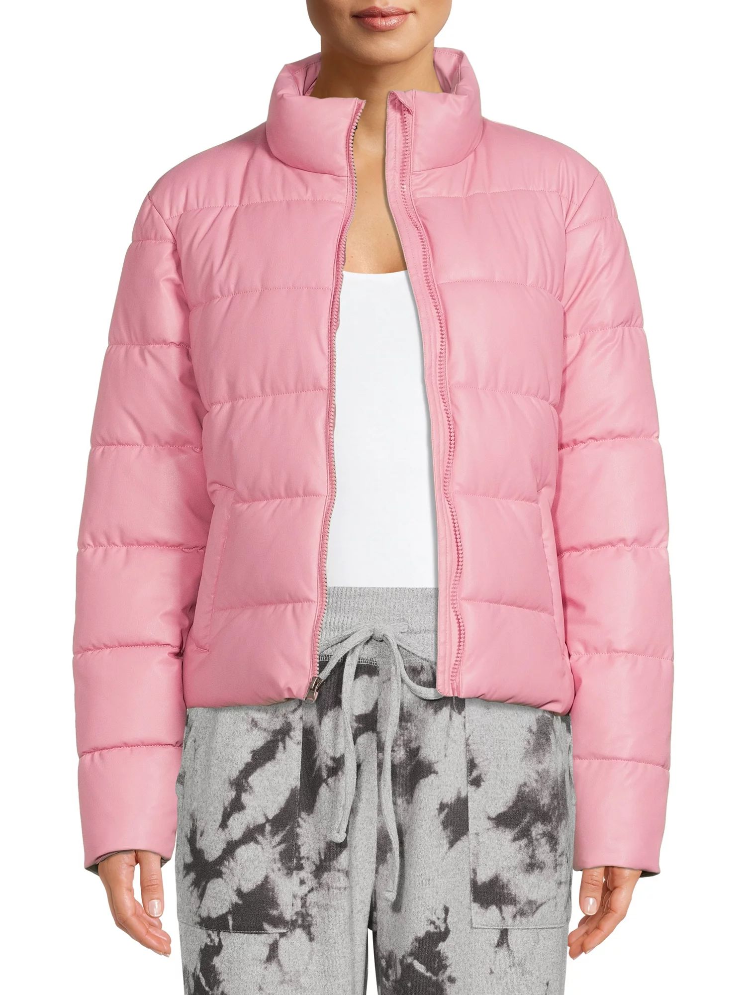 Time and Tru Women's and Plus Faux Leather Cropped Puffer Jacket | Walmart (US)