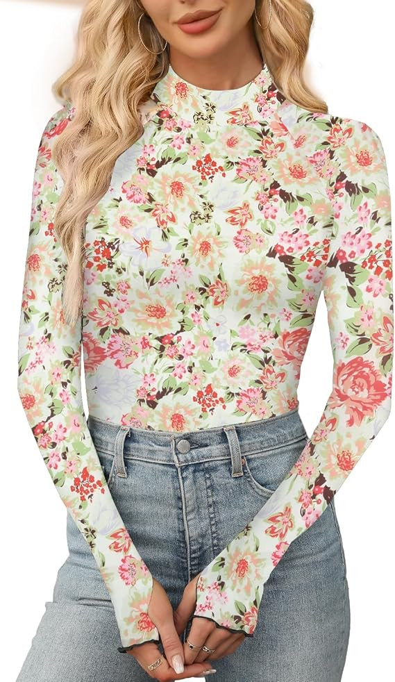 Aoulaydo Long Sleeve Floral Mesh Tops Mockneck Going Out Tops for Women Fashion Spring Outfits 20... | Amazon (US)