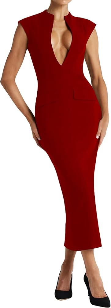 LuFeng Women's Summer Sexy Cap Sleeve Deep V Neck Zipper Midi Dress Hollow Bodycon Night Out Part... | Amazon (US)