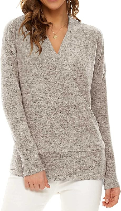 Neineiwu Womens Deep V Neck Wrap Front Surplice Tunics Long Sleeve Pullover Tops Shirts Brown L a... | Amazon (US)