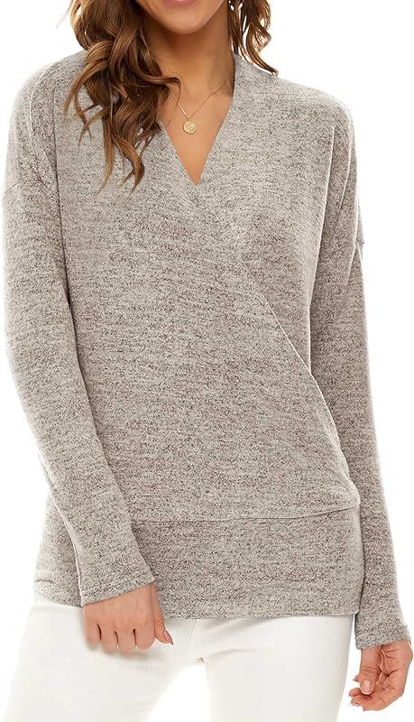 Neineiwu Womens Deep V Neck Wrap Front Surplice Tunics Long Sleeve Pullover Tops Shirts Brown L a... | Amazon (US)