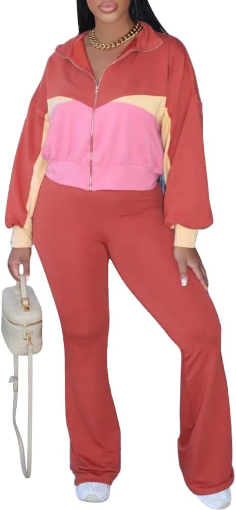 HBQ Women's Color Block 2 Piece Tracksuit Sets Long Sleeve Zip Up Crop Jacket and Flare Pants Cas... | Amazon (US)