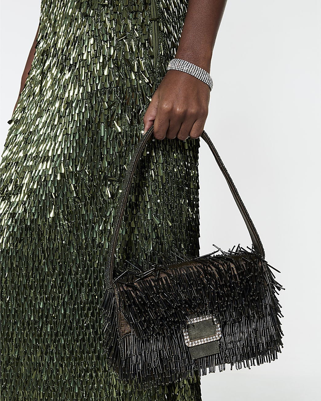 Green Premium Fringed Beaded Shoulder Bag | River Island UK & IE
