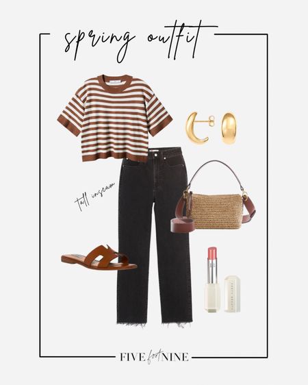 Neutral outfit for spring, striped sweater tee, black jeans, raffia handbag 

#LTKSeasonal