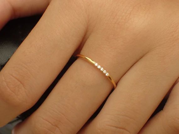 Dainty 5 Diamonds Ring in 14k Solid Gold, Lovely Gift for Her, Delicate Stackable Ring, Thin Diam... | Etsy (US)