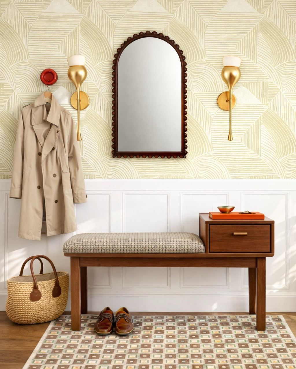 Modern entryway design— I love the bench from the new West Elm collection, the wall hooks are also super fun, gorgeous sconces from Mitzy and geometric rug. #homedecor 

#LTKSeasonal #LTKSaleAlert #LTKHome