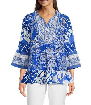 Petite Size Summer Paisley Split V-Neck Embroidered Tunic | Dillard's