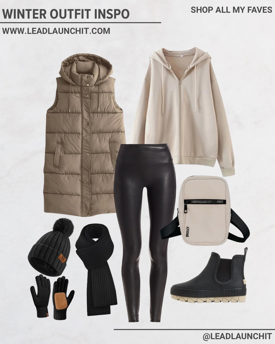 Winter outfit inspo you need this season ❄️🤎
This whole look is cozy, neutral, warm, and SO easy to style — puffer vest, hoodie, faux leather leggings, waterproof boots, beanie, scarf, gloves & a cute crossbody 🙌🏼

✨ I linked similar pieces in my LTK and the exact items in my Amazon Storefront!
Everything is super affordable and perfect for building your winter wardrobe.

If you love cute + practical winter outfits… this one is IT 🤍🔥

#winteroutfitideas #amazonfashion #ltkwinter #neutralaesthetic #winterstyleinspo #amazonfinds #ltkit #winterwardrobe