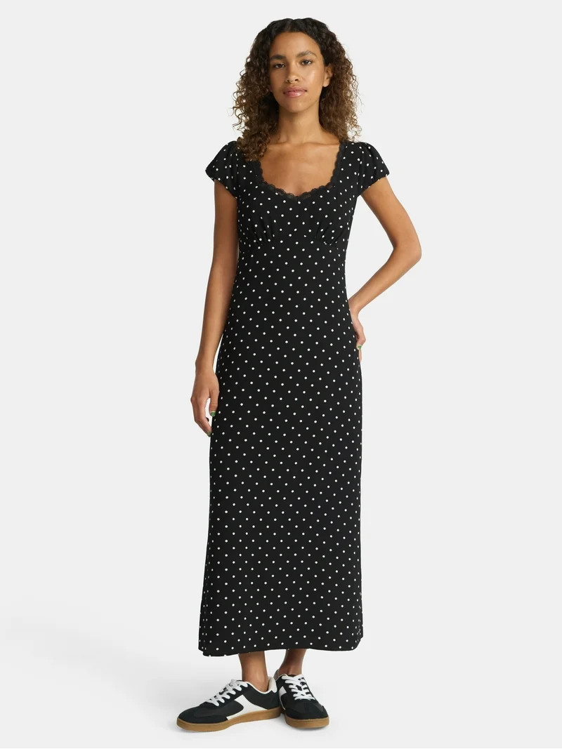 No Boundaries Lace Trim Maxi Dress with Short Bubble Sleeves, Women's | Walmart (US)