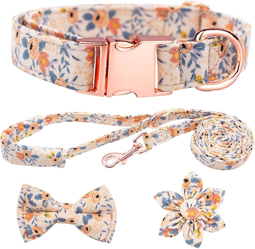 Dog Collar and Leash Set Girls Adjustable Puppy Collars with Floral Bow Tie for Small Medium Larg... | Amazon (US)