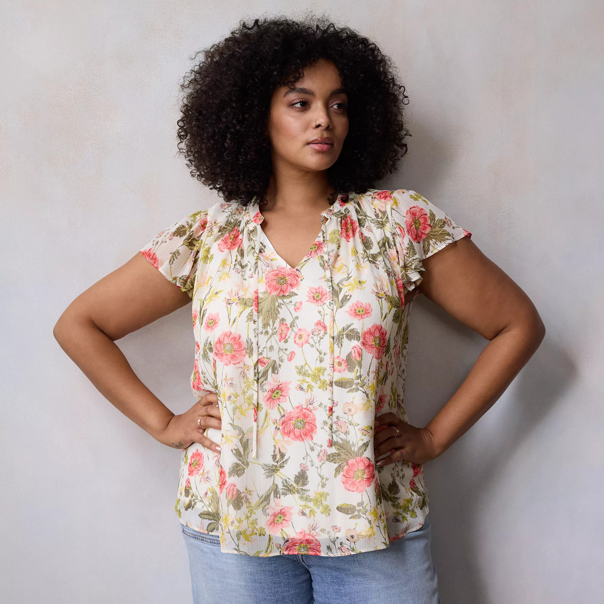 Plus Size LC Lauren Conrad Tie-Front Ruffle V-Neck Shell | Kohl's