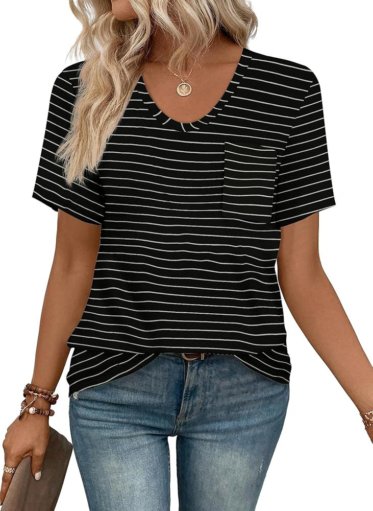 WIHOLL Women Summer T Shirts Short Sleeve Rounded V Neck Pocket Tee Tops | Amazon (US)
