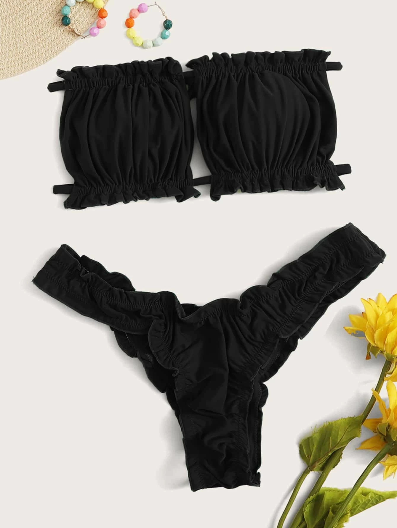 Ruched Lettuce Trim Bandeau Bikini Swimsuit | SHEIN