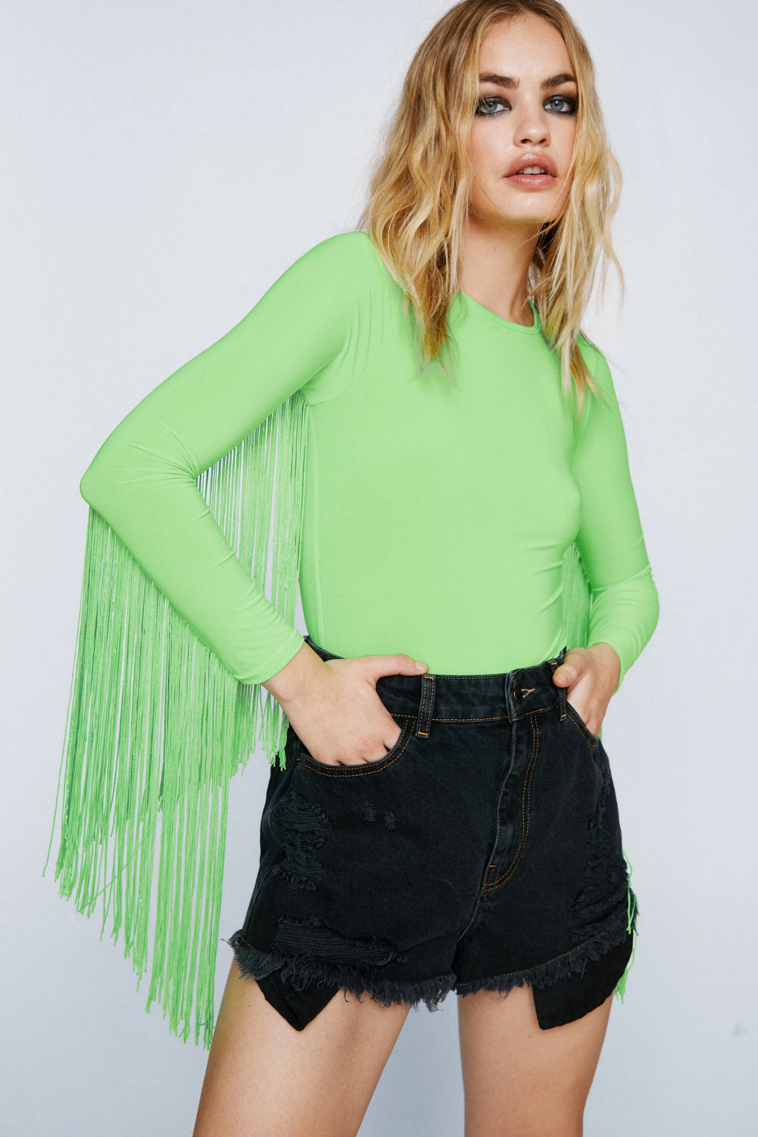 Neon Long Sleeve Fringed Bodysuit | Nasty Gal (US)