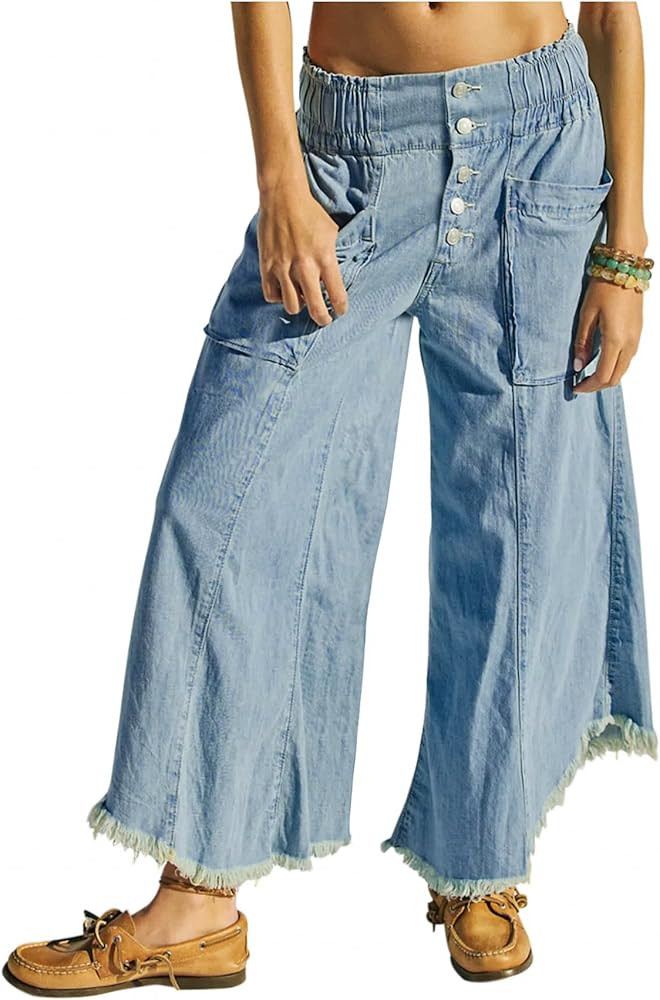Women's Baggy Wide Leg Jeans Elastic Waisted Cropped Denim Pants Loose Boyfriend Raw Hem Jeans | Amazon (US)