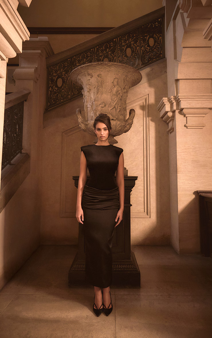 PLT Label Black Velvet Extreme Shoulder Dress | Dresses | PrettyLittleThing US