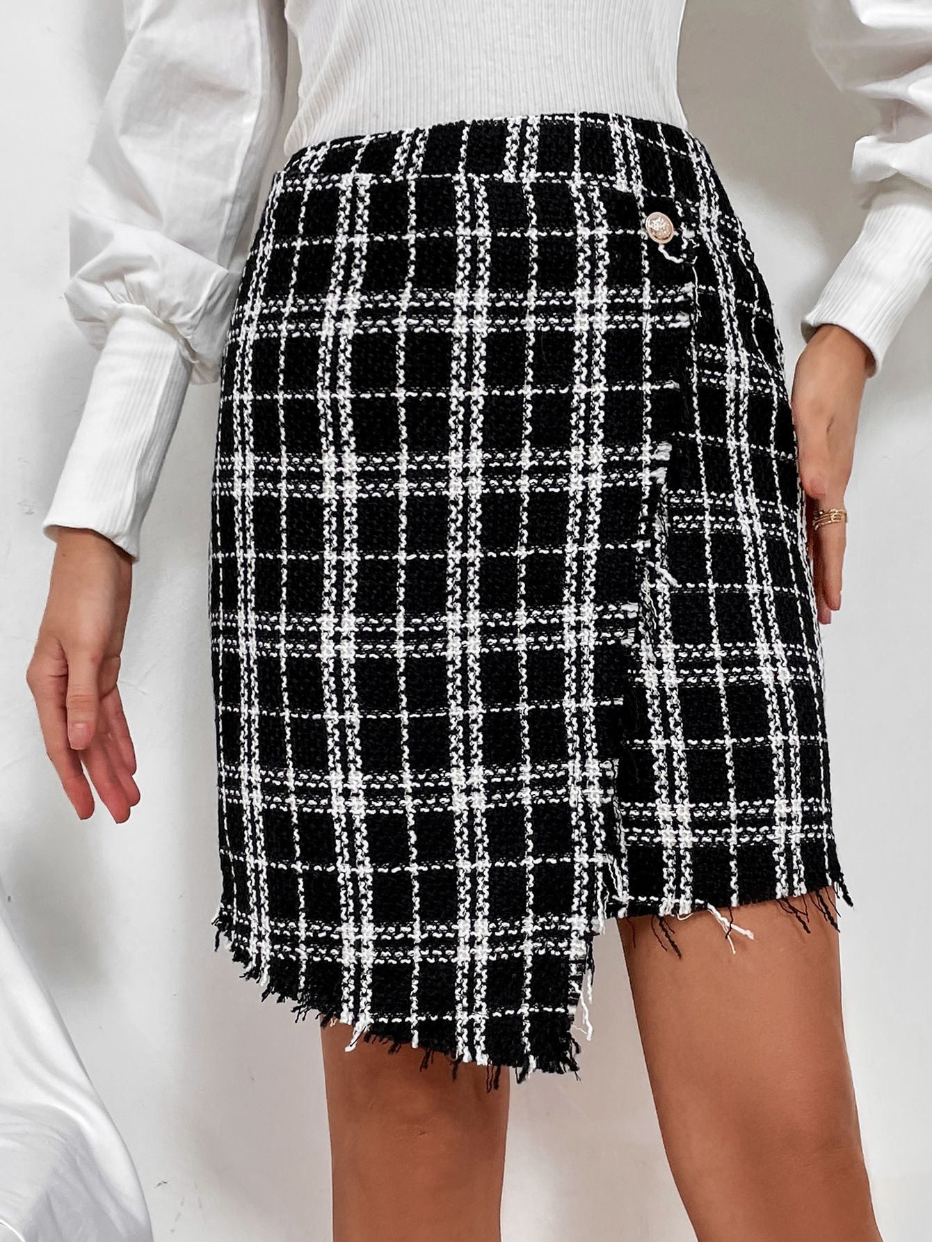 Plaid Print Raw Cut Wrap Tweed Skirt | SHEIN