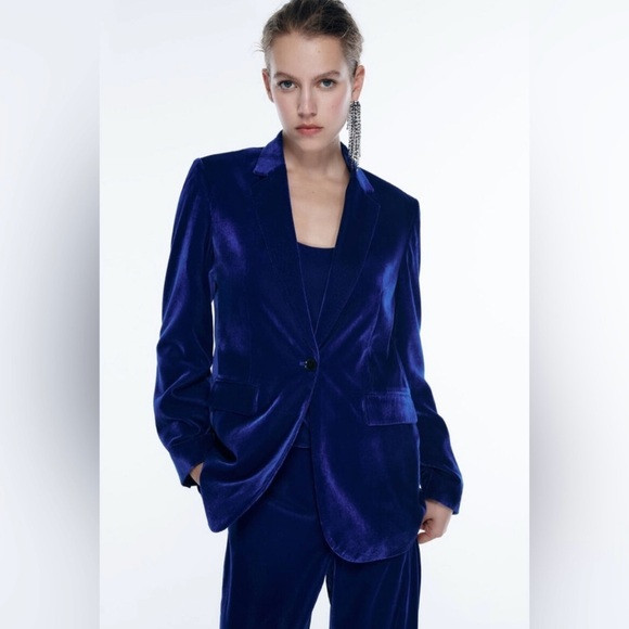 NWT ZARA Suit- Blue Velvet Women Jacket & Pants | Poshmark