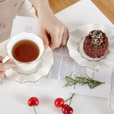 Tea Cups And Saucers With Golden Trim,Set Of 6 (7 OZ), Luxury Relief Printing Coffee Cups With Metal Stand, British Royal Porcelain Tea Party Set - Wh | Wayfair North America