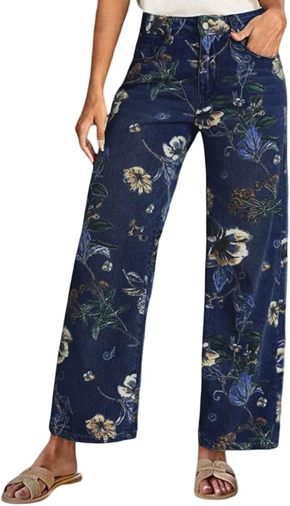 Jeans for Women Mid Rise Straight Leg Denim Pants Floral Printed Barrel Jeans with Pockets | Amazon (US)