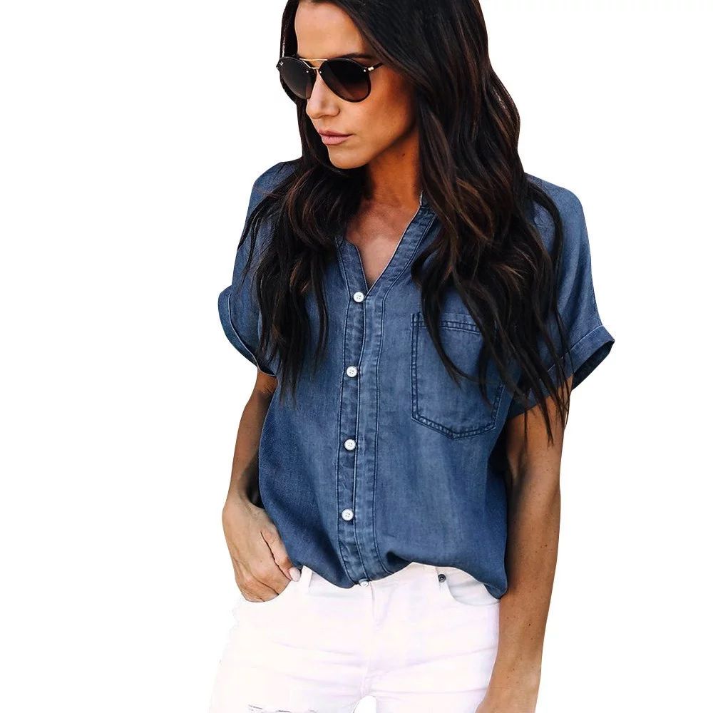 Casual Tops Shirts for Women Summer Short Sleeve Soft Denim Shirt Blue Jean Button Blouse Jacket ... | Walmart (US)