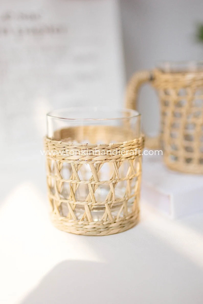 Seagrass Glassware,wrapped Drink Tumbler, Woven Seagrass Wrapped Glassware, Seagrass Cup Holder D... | Etsy (US)