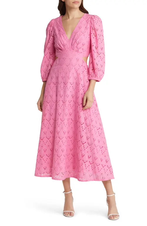 Chelsea28 Eyelet Embroidered Cutout Bracelet Sleeve Midi Dress in Pink Wildflower at Nordstrom, Size | Nordstrom
