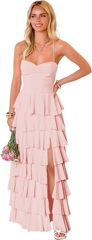 Vestidos de dama de honor con volantes escalonados para mujer, de gasa, con tirantes delgados, ve... | Amazon (US)