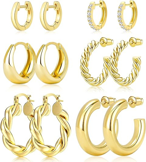 Adoyi Gold Hoop Earrings Set for Women 14K Gold Plated Chunky Hoops Twisted Huggie Gold Hoop Earr... | Amazon (US)