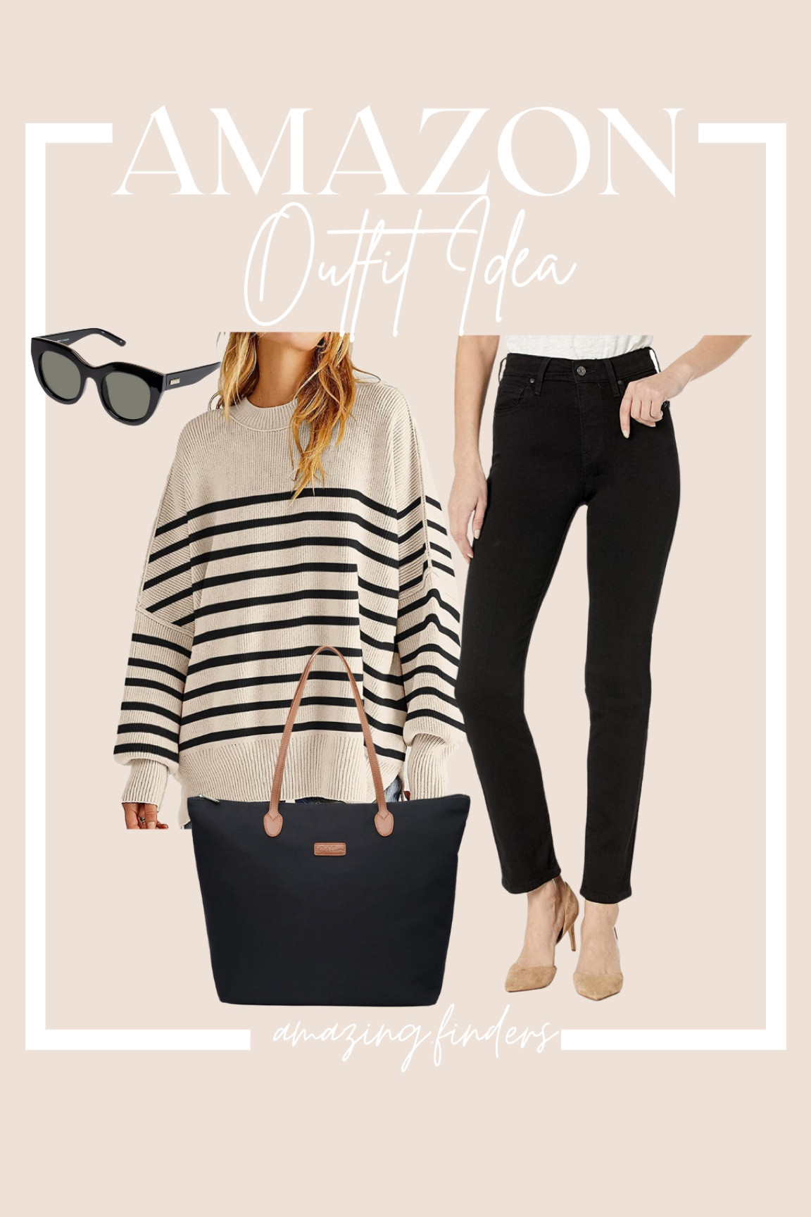 Amazon workoutfit. Amazon outfit idea. Amazon stripe seater. Amazon black jeans  